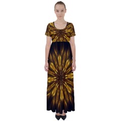 Mandala Gold Golden Fractal High Waist Short Sleeve Maxi Dress by Simbadda