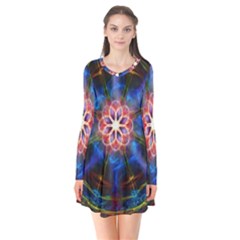 Mandala Pattern Kaleidoscope Long Sleeve V-neck Flare Dress