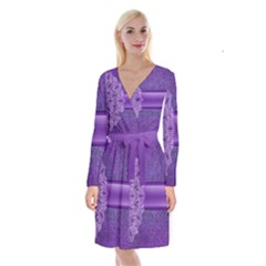 Background Mandala Purple Ribbon Long Sleeve Velvet Front Wrap Dress by Simbadda