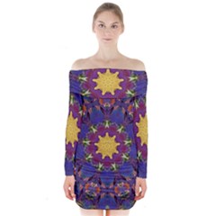 Abstract Art Artistic Texture Blue Long Sleeve Off Shoulder Dress by Simbadda