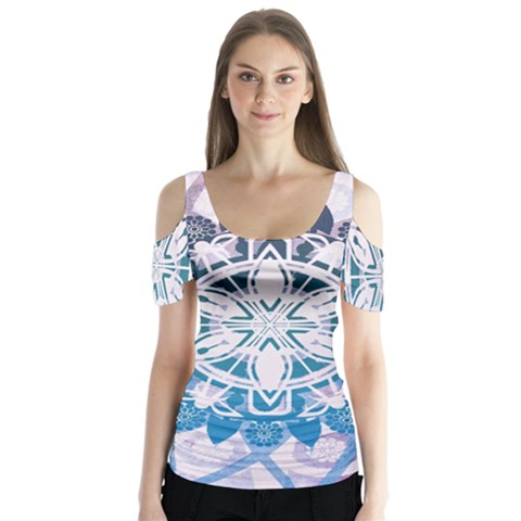 Mandalas Symmetry Meditation Round Butterfly Sleeve Cutout Tee  by Simbadda