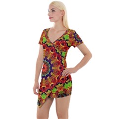 Fractal Mandala Flowers Short Sleeve Asymmetric Mini Dress