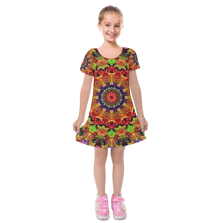 Fractal Mandala Flowers Kids  Short Sleeve Velvet Dress