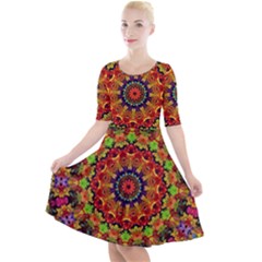 Fractal Mandala Flowers Quarter Sleeve A-line Dress by Simbadda