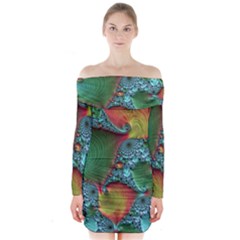 Fractal Art Colorful Pattern Long Sleeve Off Shoulder Dress by Simbadda