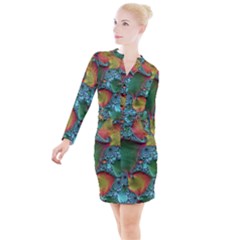 Fractal Art Colorful Pattern Button Long Sleeve Dress by Simbadda