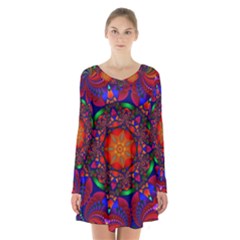 Kaleidoscope Mandala Pattern Long Sleeve Velvet V-neck Dress by Simbadda