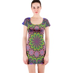 Floral Fractal Star Render Short Sleeve Bodycon Dress by Simbadda