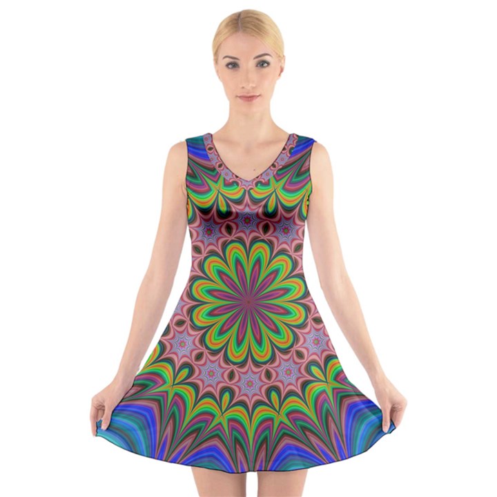 Floral Fractal Star Render V-Neck Sleeveless Dress