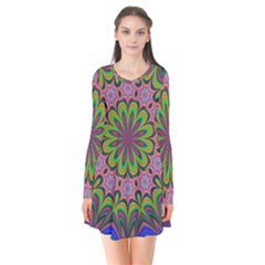 Floral Fractal Star Render Long Sleeve V-neck Flare Dress by Simbadda