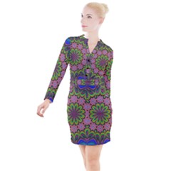 Floral Fractal Star Render Button Long Sleeve Dress