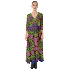 Floral Fractal Star Render Button Up Boho Maxi Dress by Simbadda