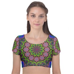 Floral Fractal Star Render Velvet Short Sleeve Crop Top 