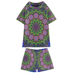 Floral Fractal Star Render Kids  Swim Tee And Shorts Set