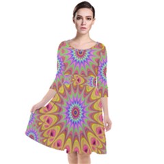 Geometric Flower Oriental Ornament Quarter Sleeve Waist Band Dress