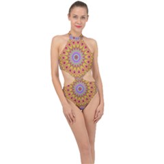 Geometric Flower Oriental Ornament Halter Side Cut Swimsuit