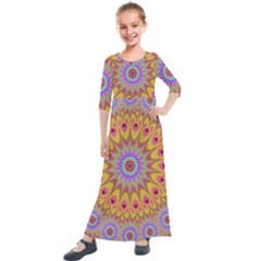 Geometric Flower Oriental Ornament Kids  Quarter Sleeve Maxi Dress