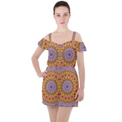 Geometric Flower Oriental Ornament Ruffle Cut Out Chiffon Playsuit