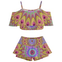 Geometric Flower Oriental Ornament Kids  Off Shoulder Skirt Bikini