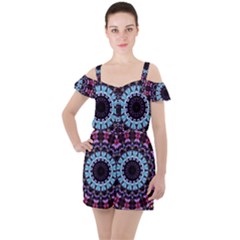 Kaleidoscope Shape Abstract Design Ruffle Cut Out Chiffon Playsuit by Simbadda