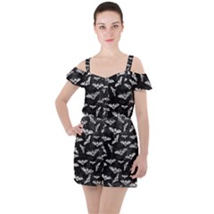 Vintage Halloween Bat Pattern Ruffle Cut Out Chiffon Playsuit