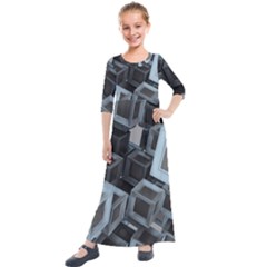 3d Cube Fantasy Square Shape Kids  Quarter Sleeve Maxi Dress