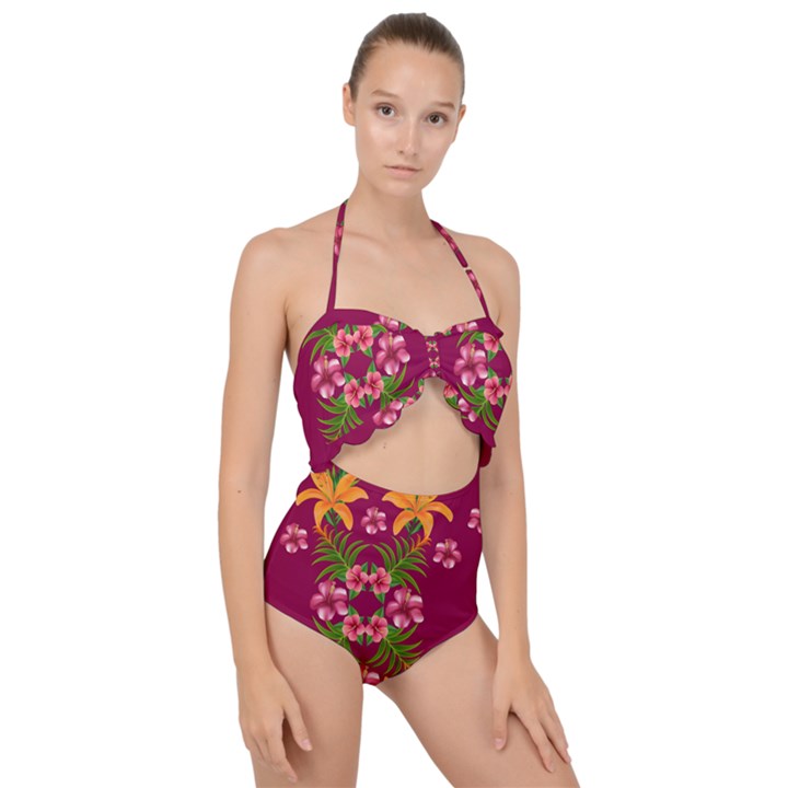 Blossom Yellow Flower Yellow Summer Scallop Top Cut Out Swimsuit