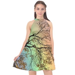 Rainbow Branch Boxer Shorts Halter Neckline Chiffon Dress 