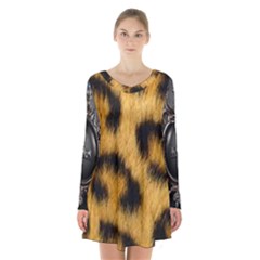 Animal Print Long Sleeve Velvet V-neck Dress by NSGLOBALDESIGNS2