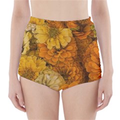 Yellow Zinnias High-waisted Bikini Bottoms by bloomingvinedesign