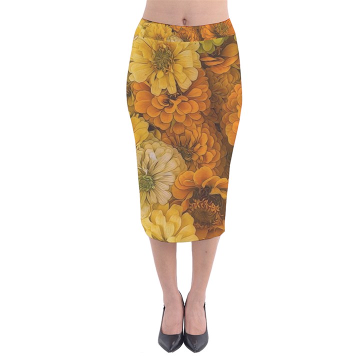 Yellow Zinnias Velvet Midi Pencil Skirt