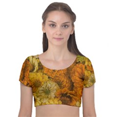 Yellow Zinnias Velvet Short Sleeve Crop Top  by bloomingvinedesign