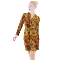 Yellow Zinnias Button Long Sleeve Dress