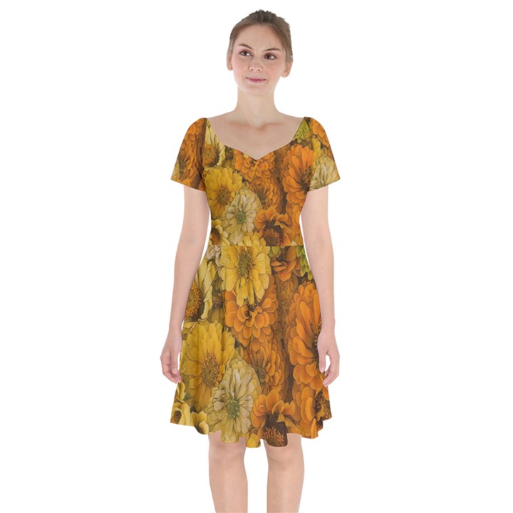 Yellow Zinnias Short Sleeve Bardot Dress