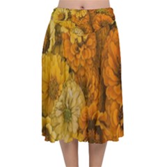 Yellow Zinnias Velvet Flared Midi Skirt by bloomingvinedesign