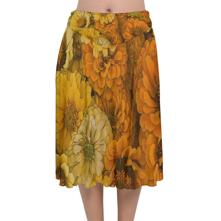 Yellow Zinnias Velvet Flared Midi Skirt