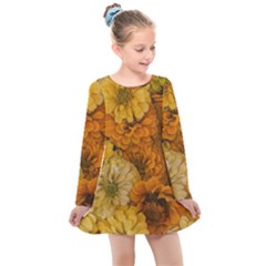 Yellow Zinnias Kids  Long Sleeve Dress