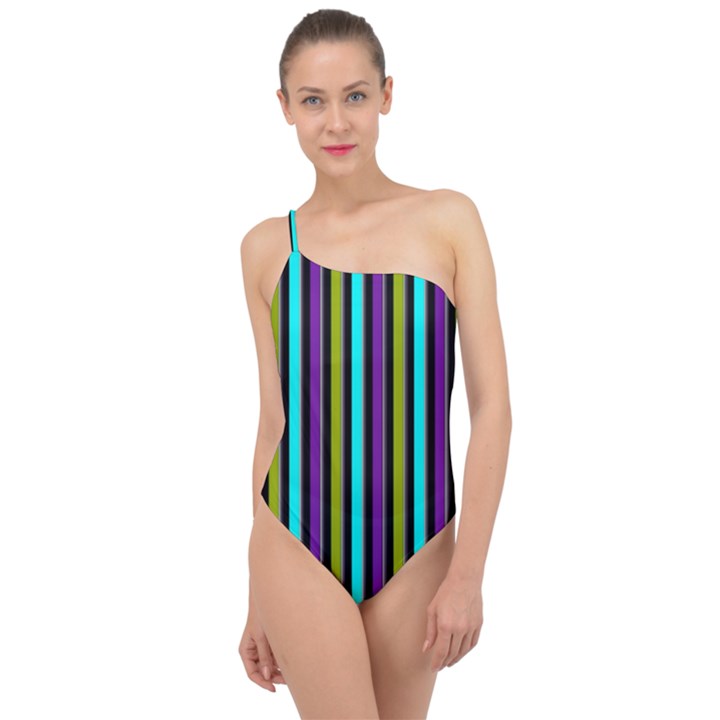 Retro Stripe 1 Vertical Retro Stripe 1 Classic One Shoulder Swimsuit