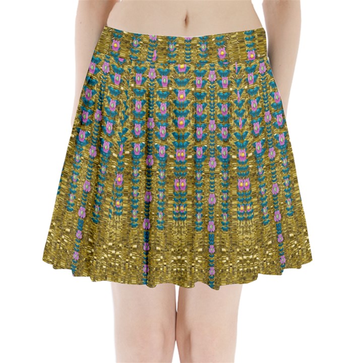 Gold Jungle And Paradise Liana Flowers Pleated Mini Skirt