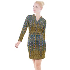 Gold Jungle And Paradise Liana Flowers Button Long Sleeve Dress