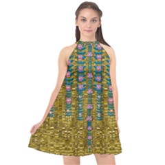 Gold Jungle And Paradise Liana Flowers Halter Neckline Chiffon Dress  by pepitasart