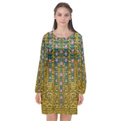 Gold Jungle And Paradise Liana Flowers Long Sleeve Chiffon Shift Dress  by pepitasart