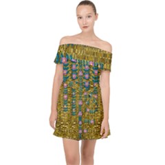 Gold Jungle And Paradise Liana Flowers Off Shoulder Chiffon Dress