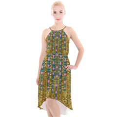 Gold Jungle And Paradise Liana Flowers High-low Halter Chiffon Dress 