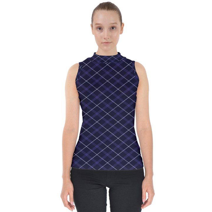 Blue Plaid  Mock Neck Shell Top