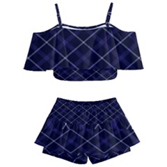 Blue Plaid  Kids  Off Shoulder Skirt Bikini