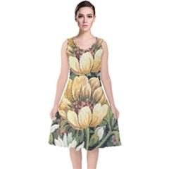 Grandma s Vintage Floral Couch V-neck Midi Sleeveless Dress  by dressshop