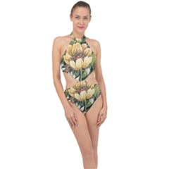 Retro Vintage Floral Halter Side Cut Swimsuit