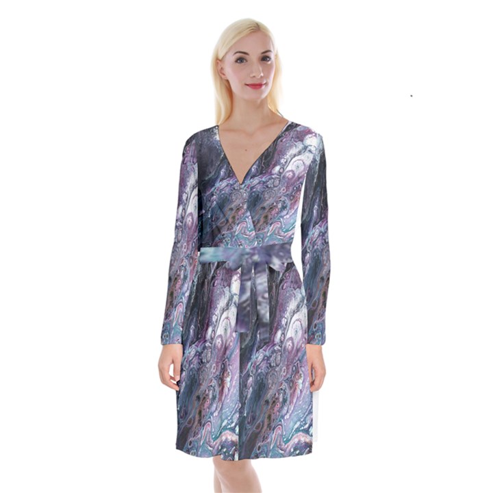 Planetary Long Sleeve Velvet Front Wrap Dress