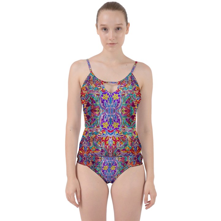 Red Purple Sparkle Floral Cut Out Top Tankini Set